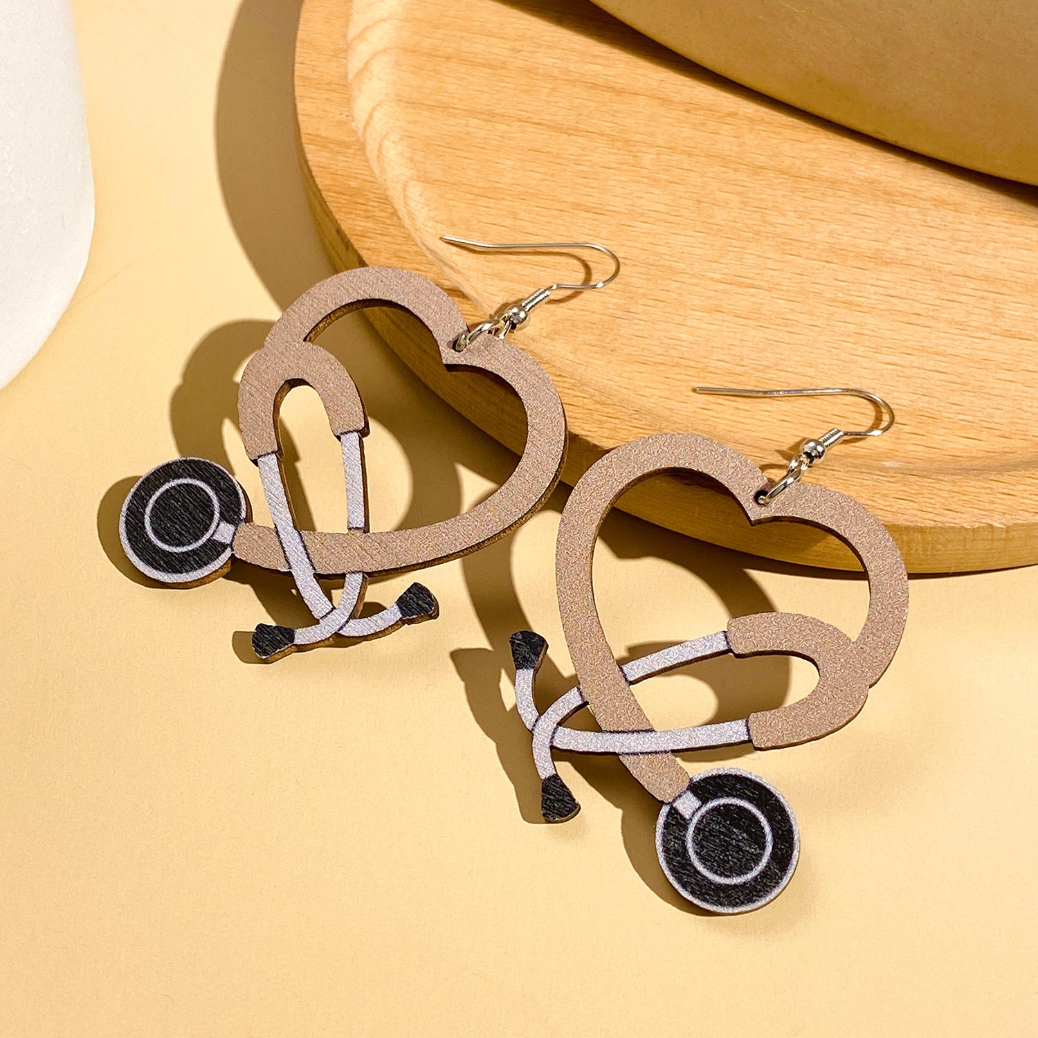 Wholesale Color Stethoscope Shaped Wooden Heart Earrings