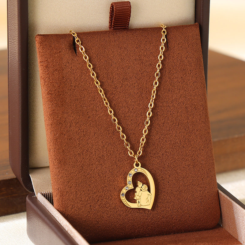 Wholesale Mother' s Day Diamond studded Hollow Moon Love Stainless Steel Necklace