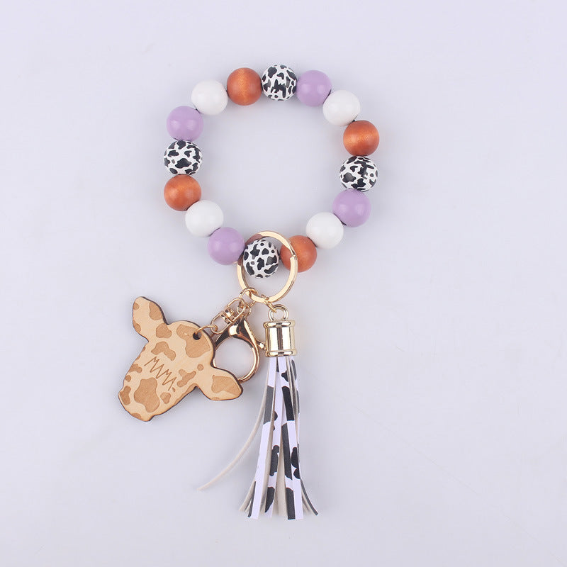 Wholesale Cartoon Western Cow Head Brand Silicone Beaded Wrist Keychain