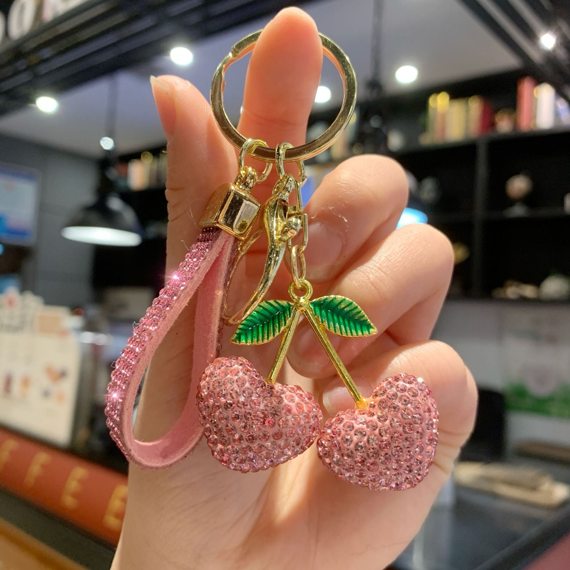 Wholesale Clay Full Rhinestone Heart Cherry Lanyard Keychain