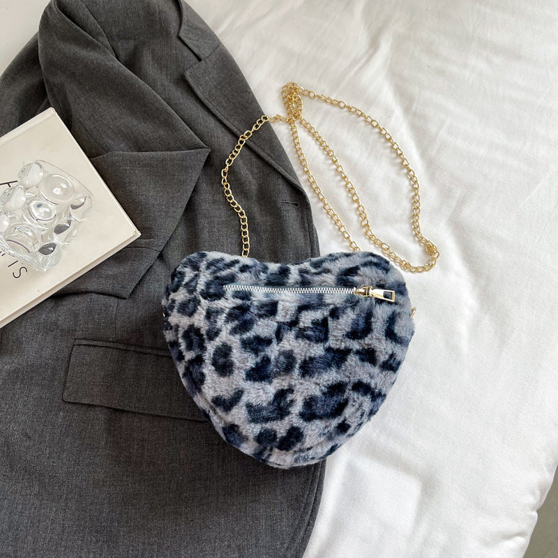 Wholesale Leopard Print Plush Heart Crossbody Bag
