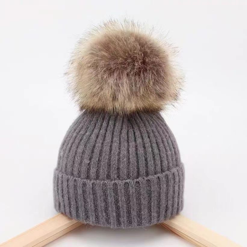 Wholesale of Winter Parent-child Large Wool Ball Knitted Hats and Wool Hats