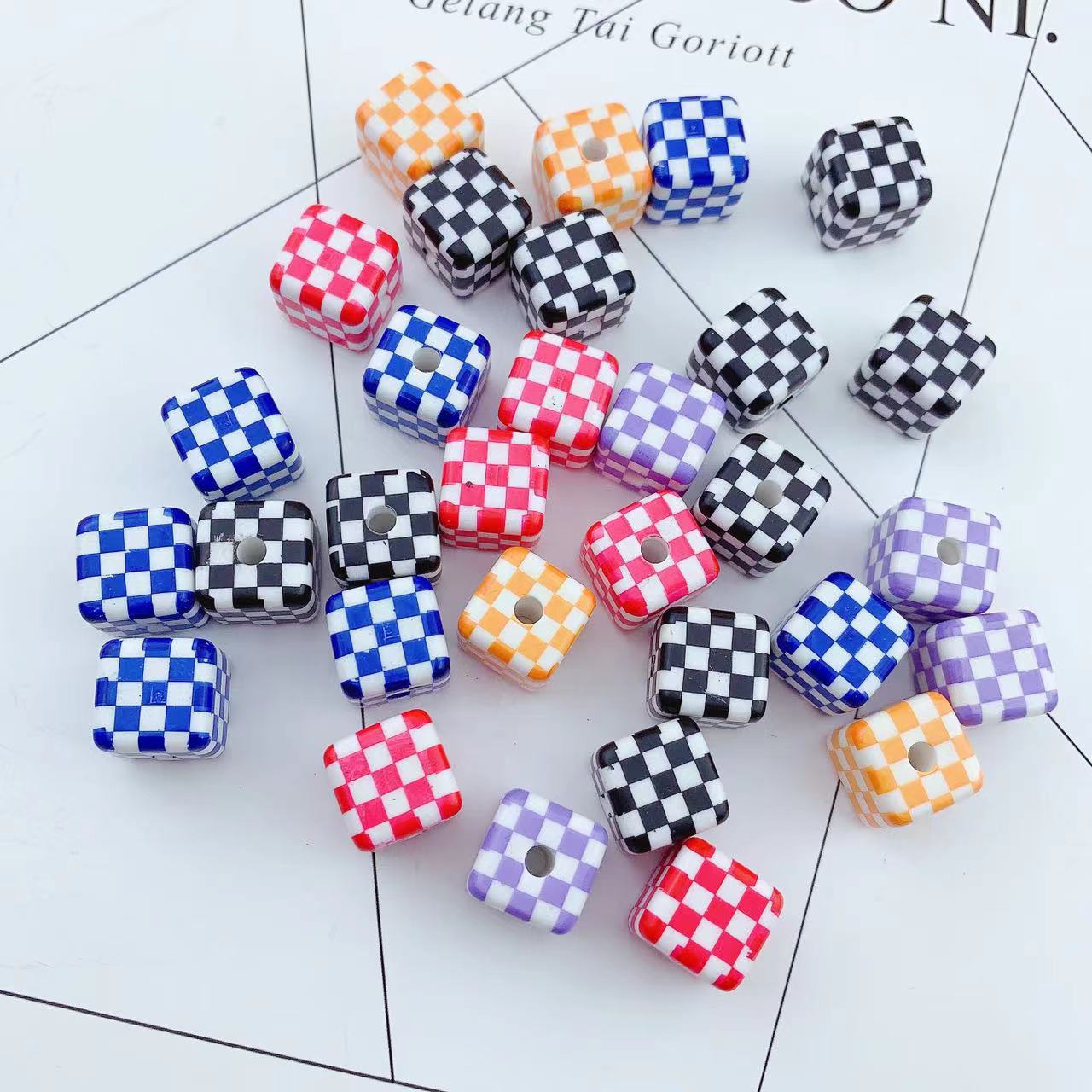 Wholesale 10pcs colorful checkerboard printed square acrylic beads