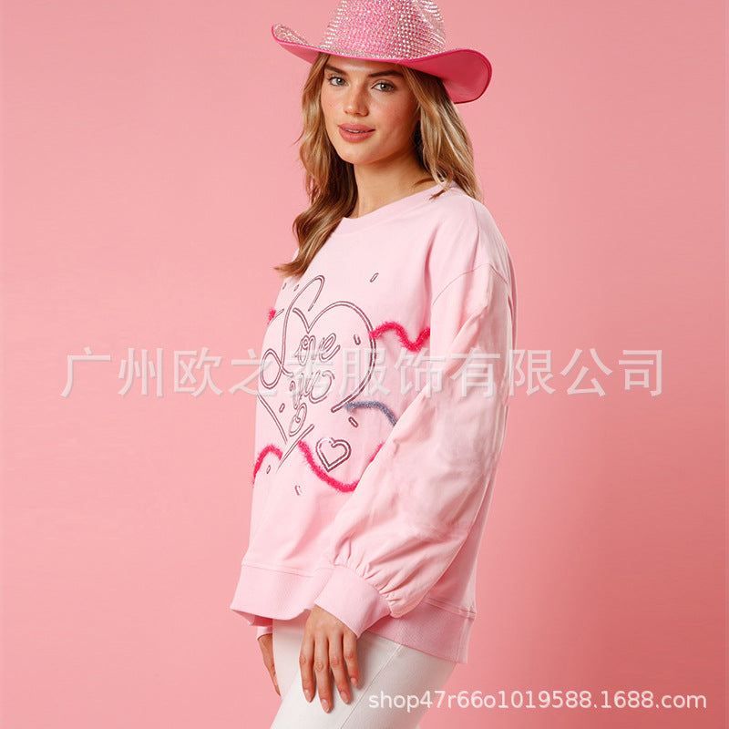 Wholesale Valentine's Day Love Heart Sequined Casual Loose Long Sleeve Sweatshirt