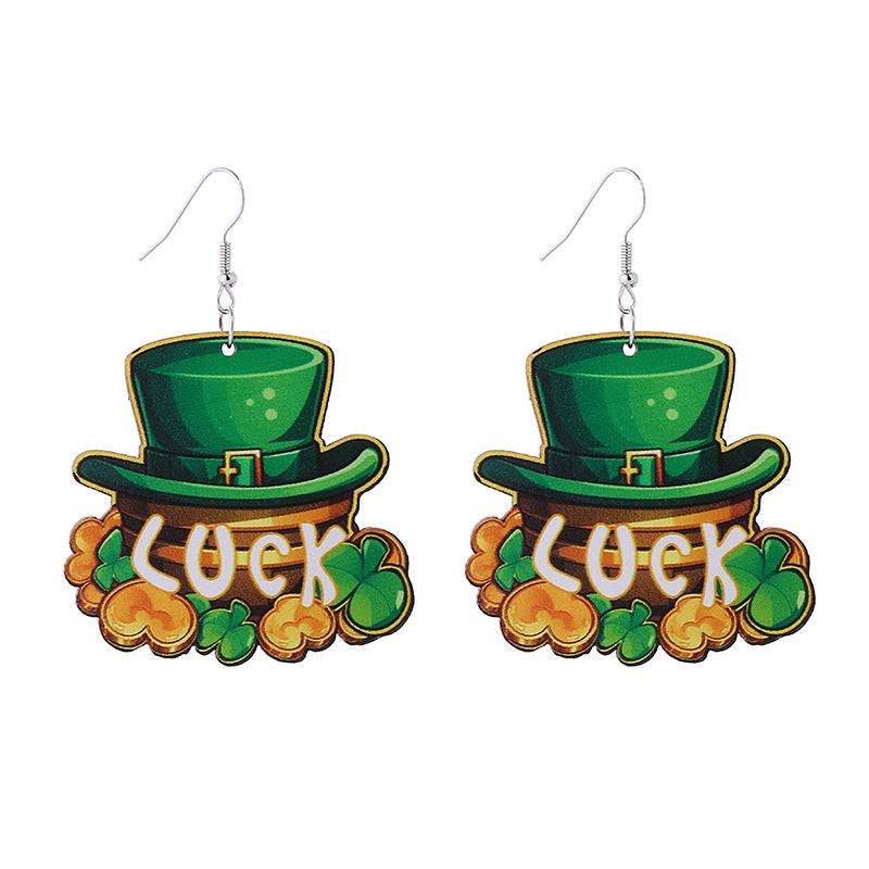 Wholesale St. Parcret festival Green lucky grass rainbow hat beard Irish wooden earrings
