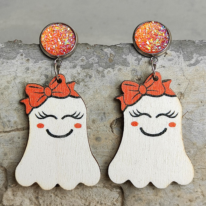 Wholesale 2 Pair/Pack Halloween Pumpkin Reading Ghost Bowknot Wooden Earrings