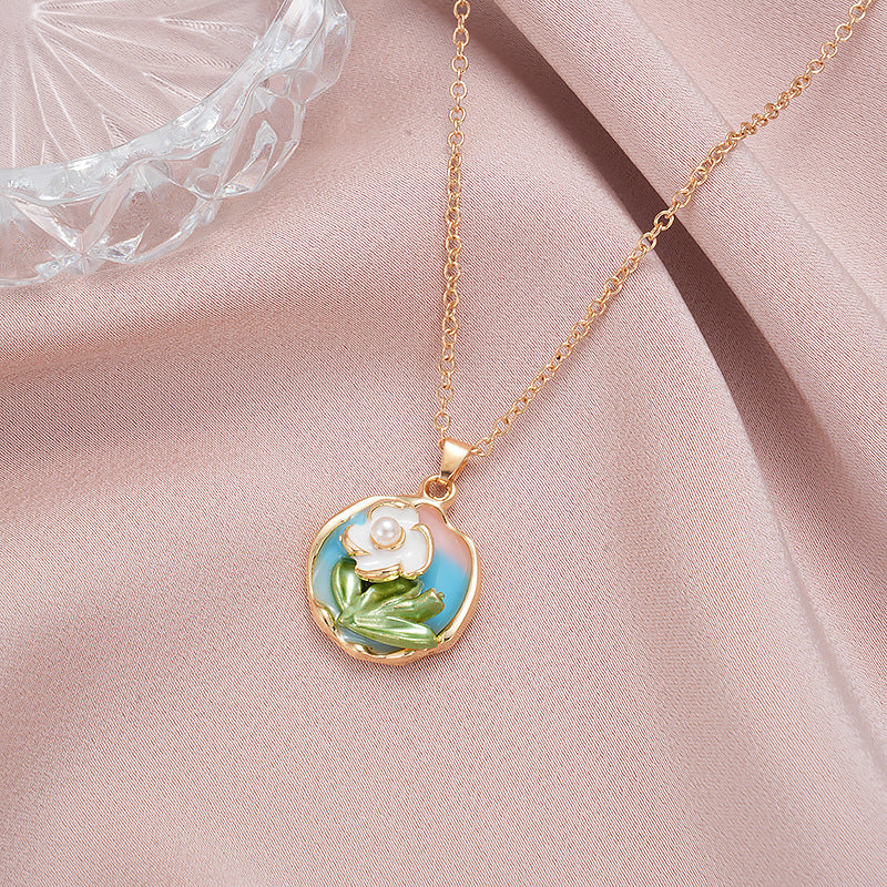 Wholesale Rose oil painting colored pearls colored necklace clavicle chain