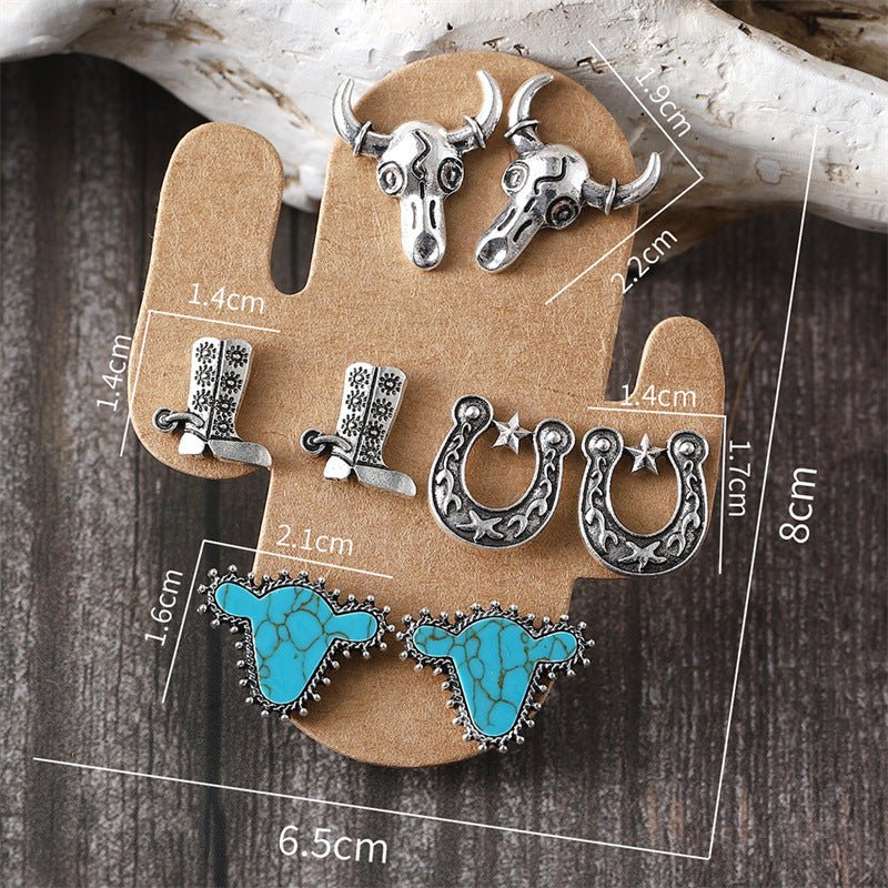 Wholesale Ox-head and horseshoe riding boots 4 pairs of earrings set
