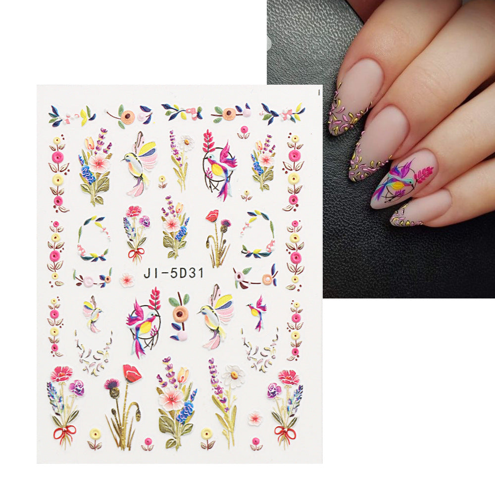 Wholesale 3pcs/pack  Manicure Relief Stickers 5D Spring Flowers and Birds Stereo Bronzing Stickers