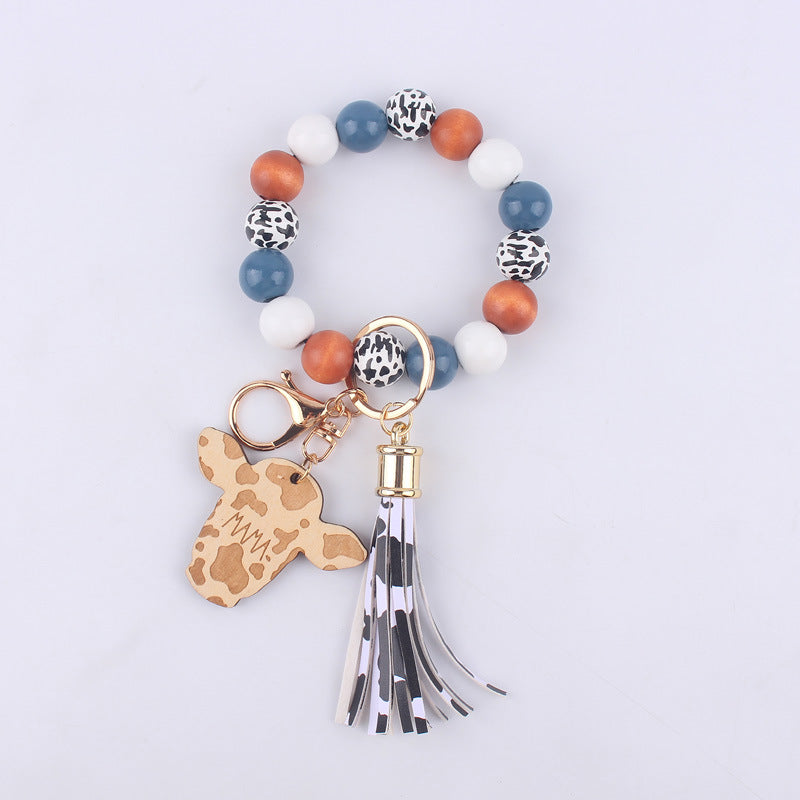 Wholesale Cartoon Western Cow Head Brand Silicone Beaded Wrist Keychain