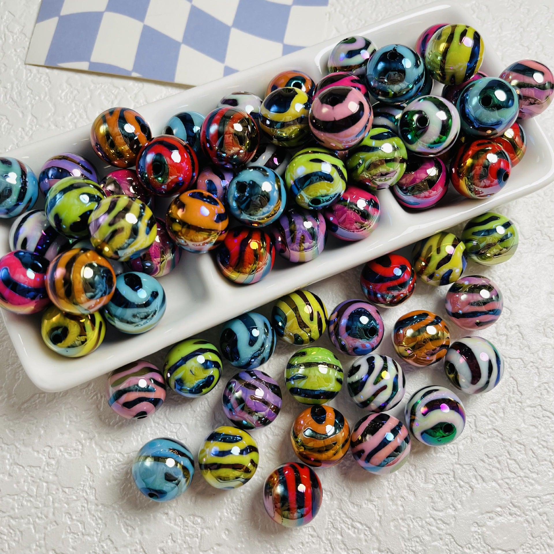 Wholesale 10PCS UV Plating Colorful Zebra Stripes Straight Hole Round Acrylic Beads