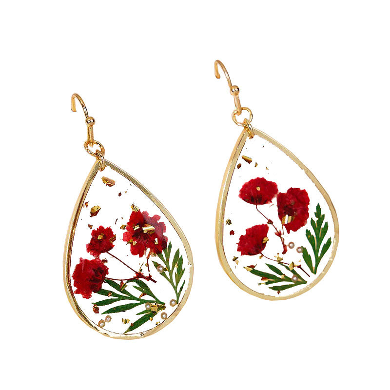Wholesale Epoxy Leaf Eternal Red Dried Flower Earrings