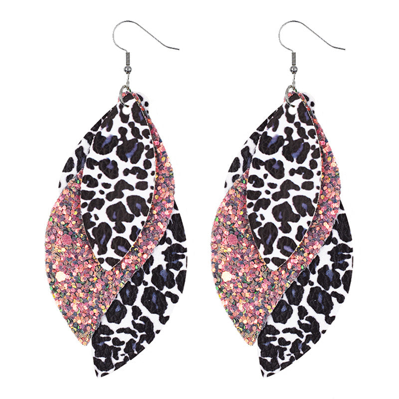 Wholesale S-Shaped Leather Earrings Leopard Print Earrings Sequin Ear Pendants