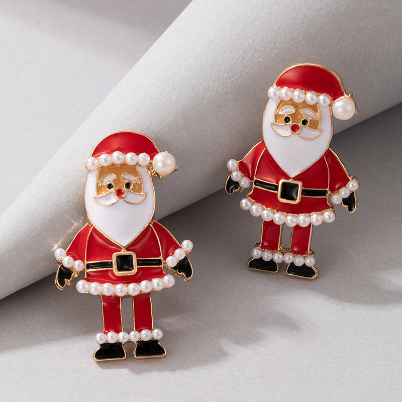 Wholesale Christmas Santa Claus Pearl Alloy Oil Drop Earrings