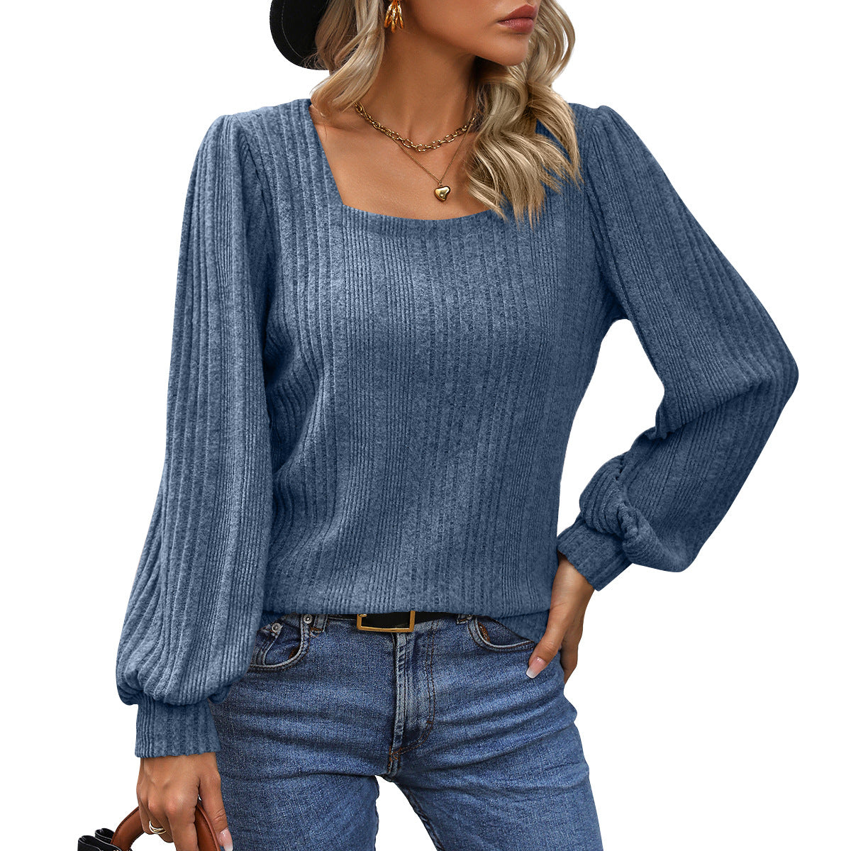 Wholesale Rayon Polyester Autumn and Winter Ladies Pit Stripe Brushed Square Neck Fashion Lantern Sleeve Long Sleeve Tops