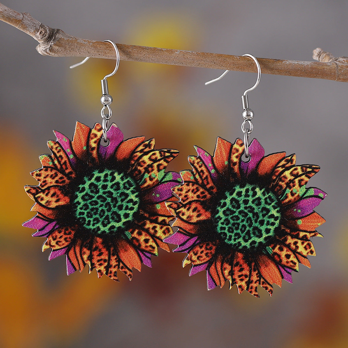 Wholesale Wooden Western Style Leopard Sunflower Cactus Drop Earrings Double Sided Printed Fashion Accessory Party Gift
