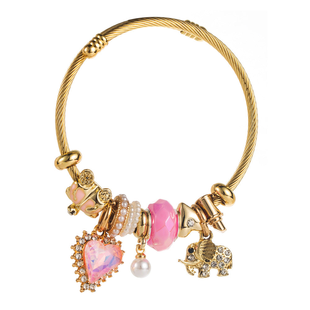 Wholesale Diamond encrusted elephant heart pendant with adjustable bracelet