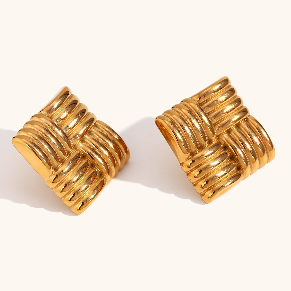 Wholesale Horizontal and Vertical Striped Square Stainless Steel Gold Plated Earrings