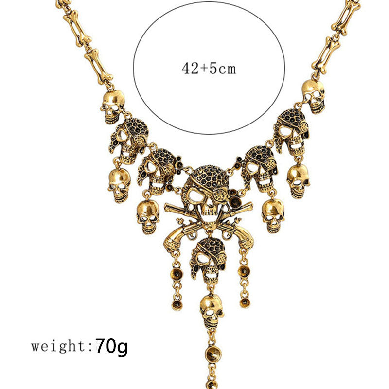Wholesale Retro exaggerated multi-layer skull and ghost head tassel necklace