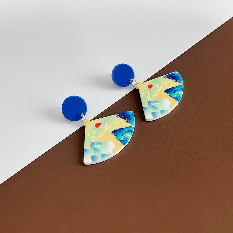 Wholesale Silver Needle Retro Cartoon Ink Painting Flower Fan Earrings