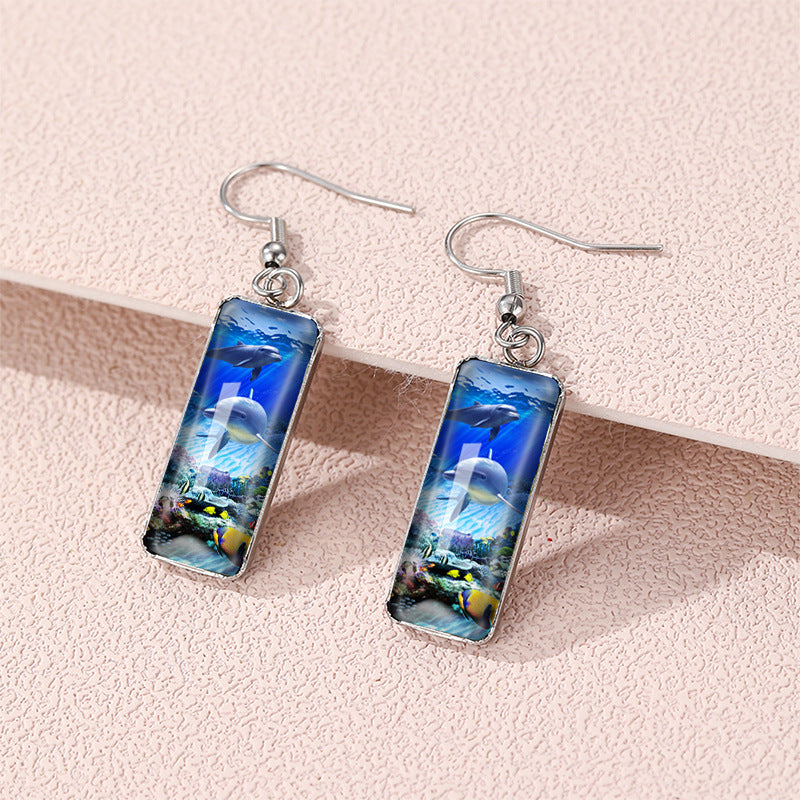 Wholesale Dolphin Time Gemstone Rectangular Glass Earrings