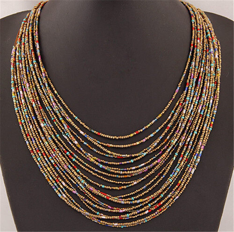 Wholesale 12pcs/pack Vintage Bohemian Multi-Layered Rice Bead Necklace