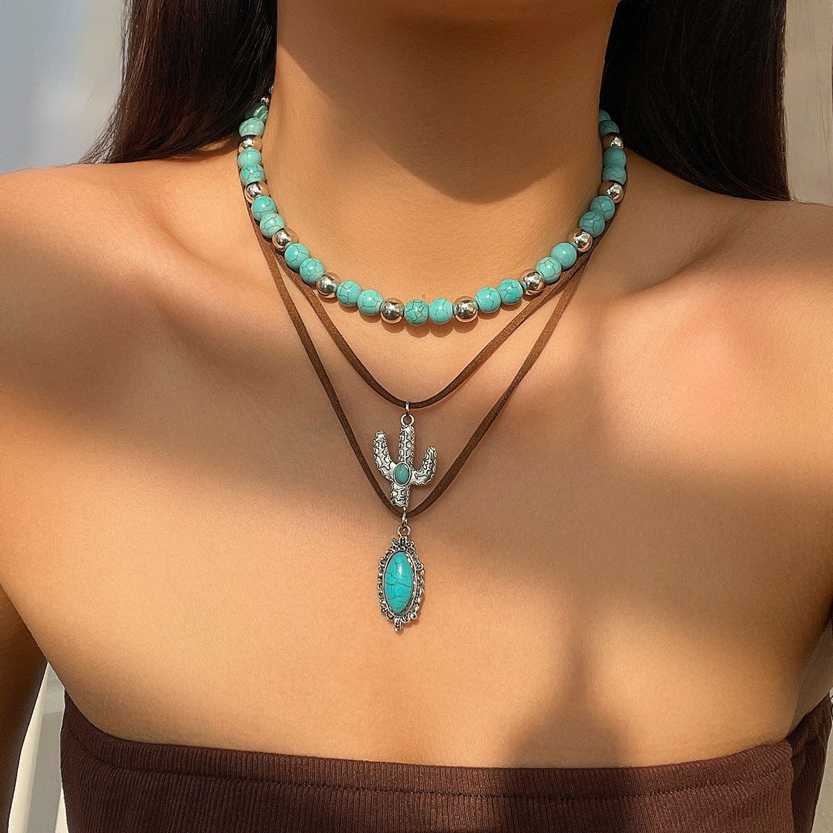 Wholesale Vintage Imitation Turquoise Sweater Chain Beaded Necklace Set