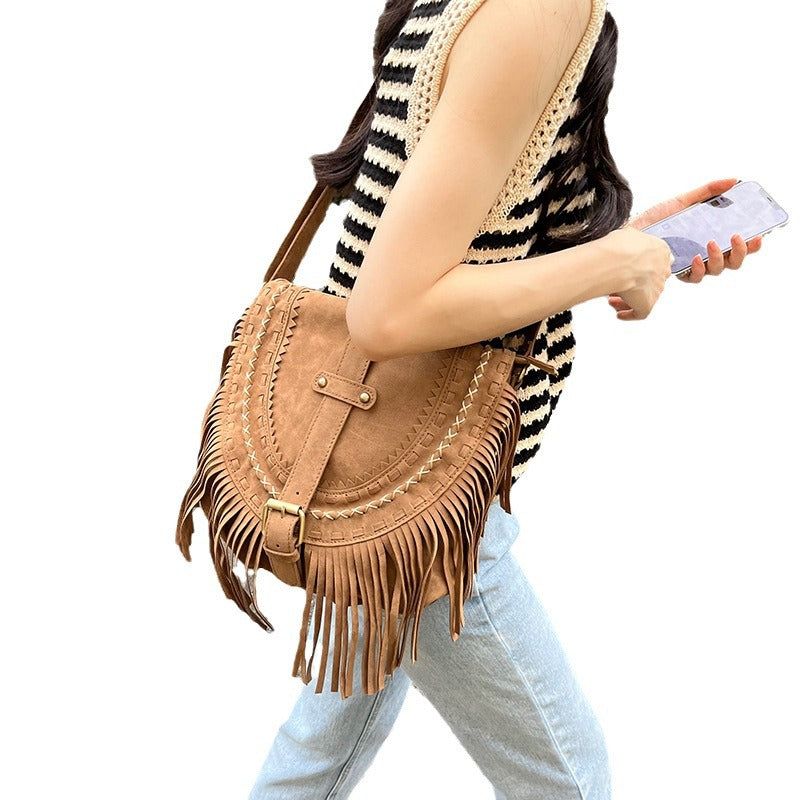 Wholesale Vintage Tassel Faux Suede Saddle Shoulder Bag