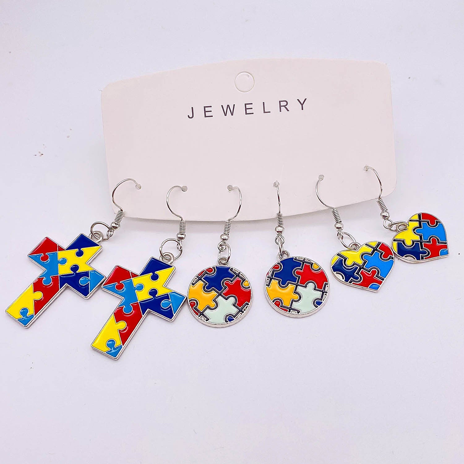 Wholesale Cross Peach Heart Love Puzzle Autism Earring Set