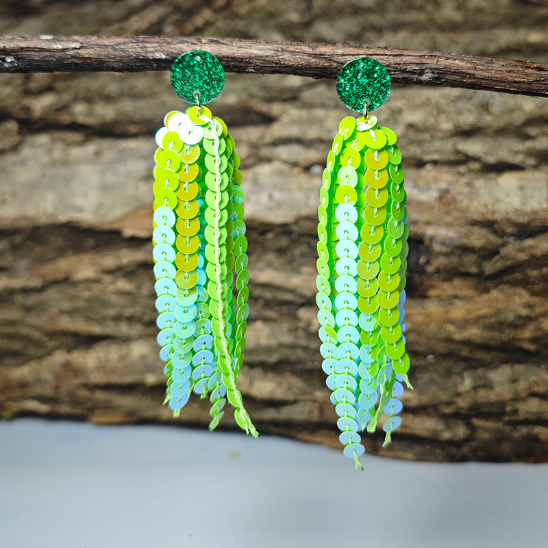 Wholesale Shiny Laser Green Sequin Round Tassel San Patrick Atmosphere Earrings