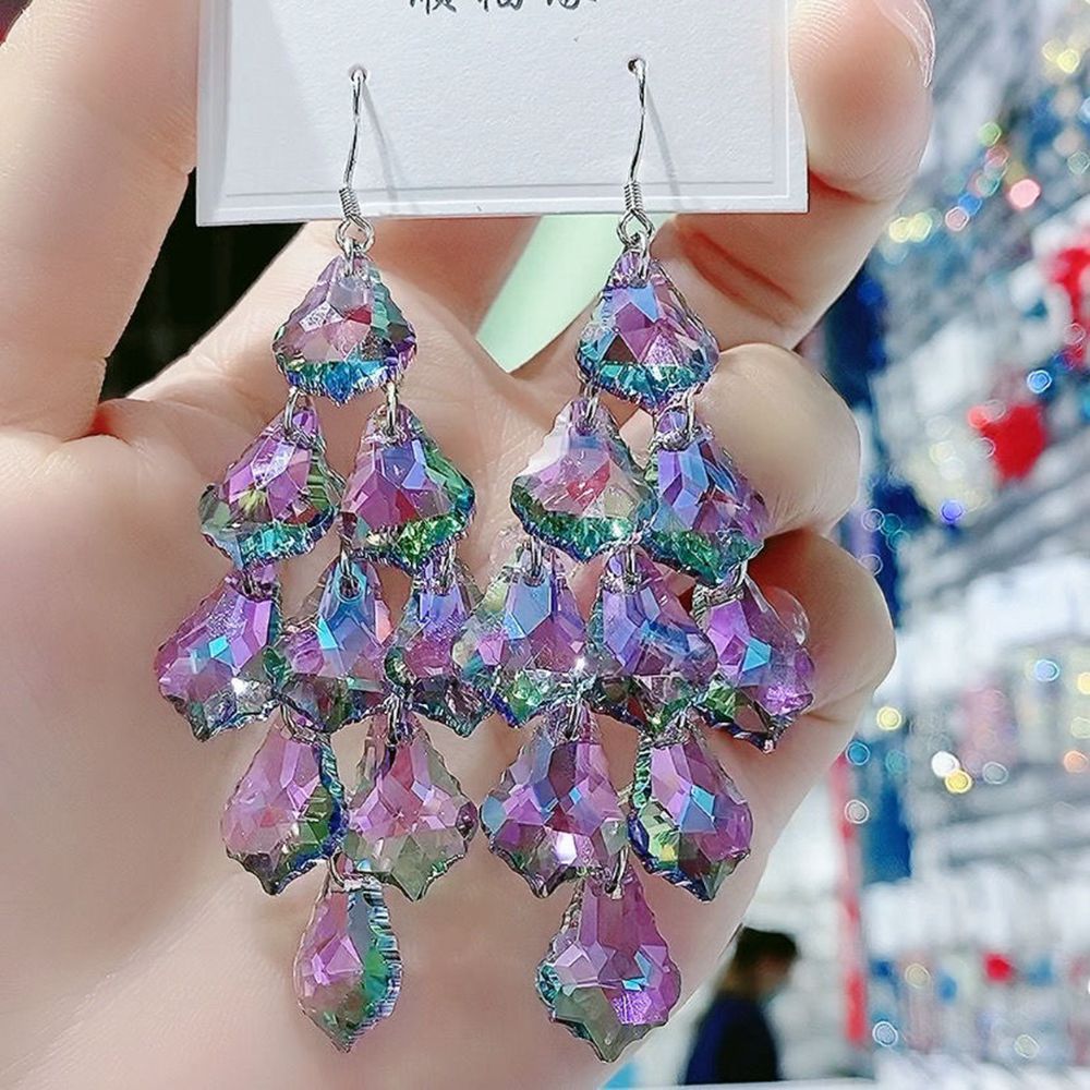 Wholesale Crystal Exaggerated Long Purple Tassel Earrings