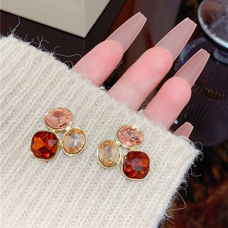 Wholesale 925 Silver Needle Maillard Style Simple Geometric Coffee Color Rhinestone Stud Earrings