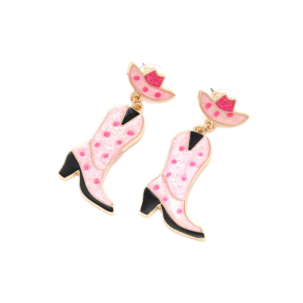 Wholesale Cute Pink Spot Dripping Oil Hat Boots Western Style Earrings