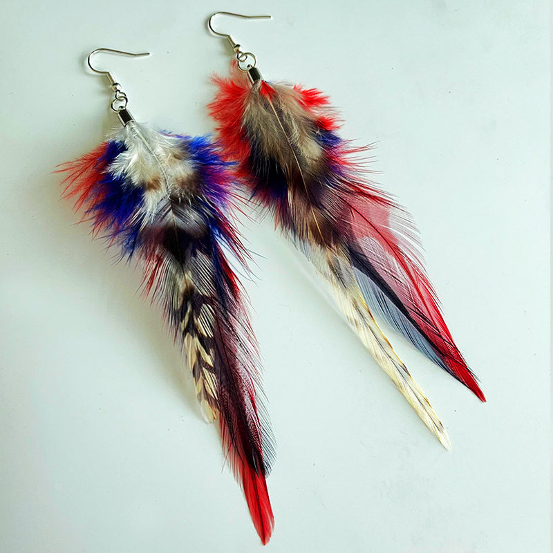 Wholesale 2pairs/pack Independence Day Flag Parade Feather Shiny Leather Mesh Earrings