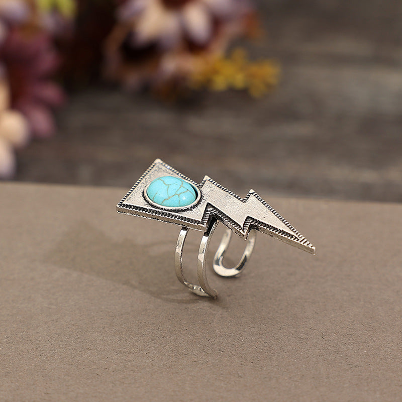 Wholesale Western retro creative lightning turquoise personality ring