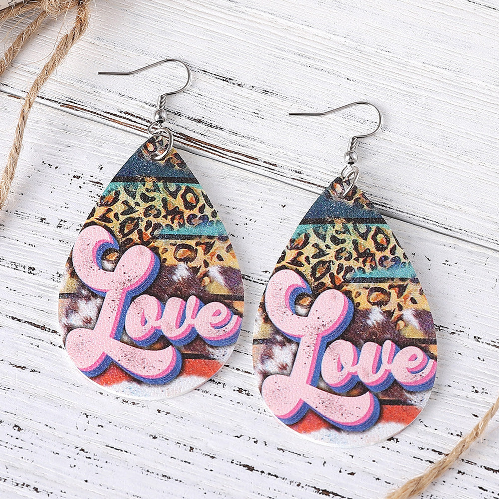 Wholesale Valentine' s Day Love Leopard Pattern Love Water Drop Earrings