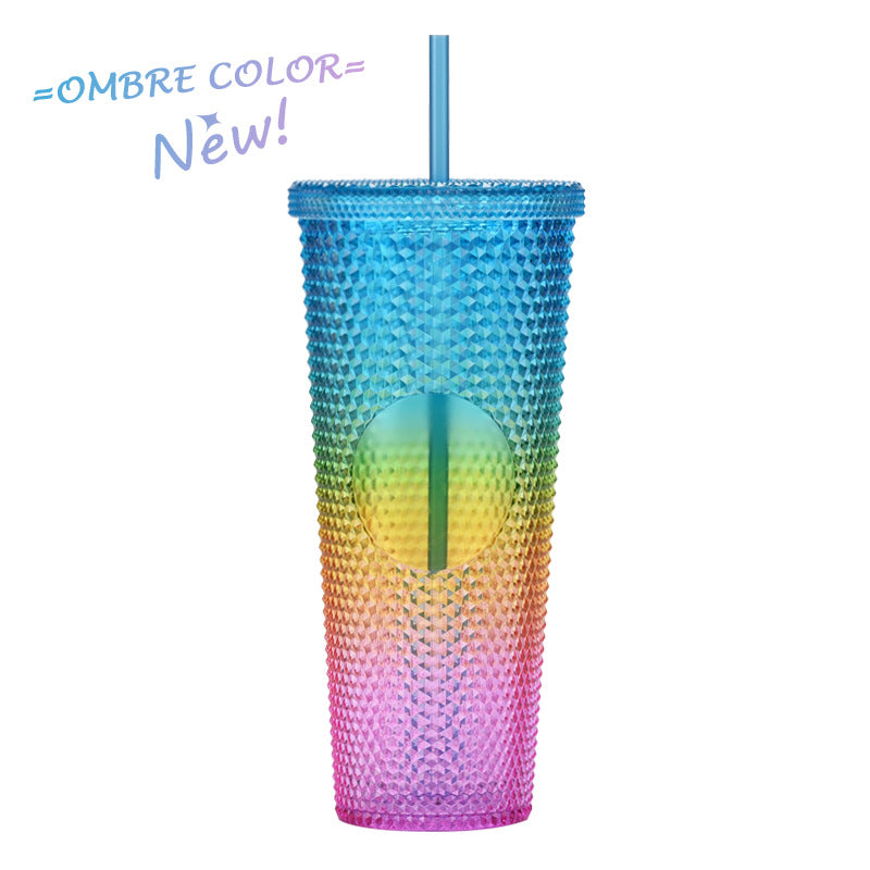 Wholesale Double-layer Plastic 710ml Durian Prick Hand Luminous Color Changing Rainbow Gradient Straw Cup