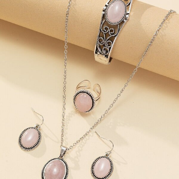 Wholesale Ethnic style four-piece natural stone tiger eye stone necklace earrings ring bracelet jewelry set