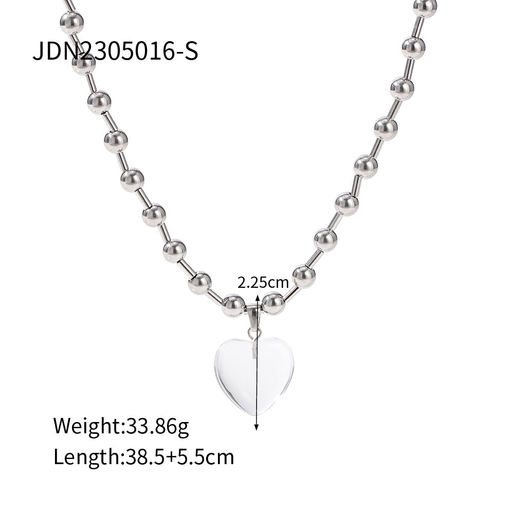 Wholesale Titanium Steel Round Bead Transparent Heart Pendant Necklace
