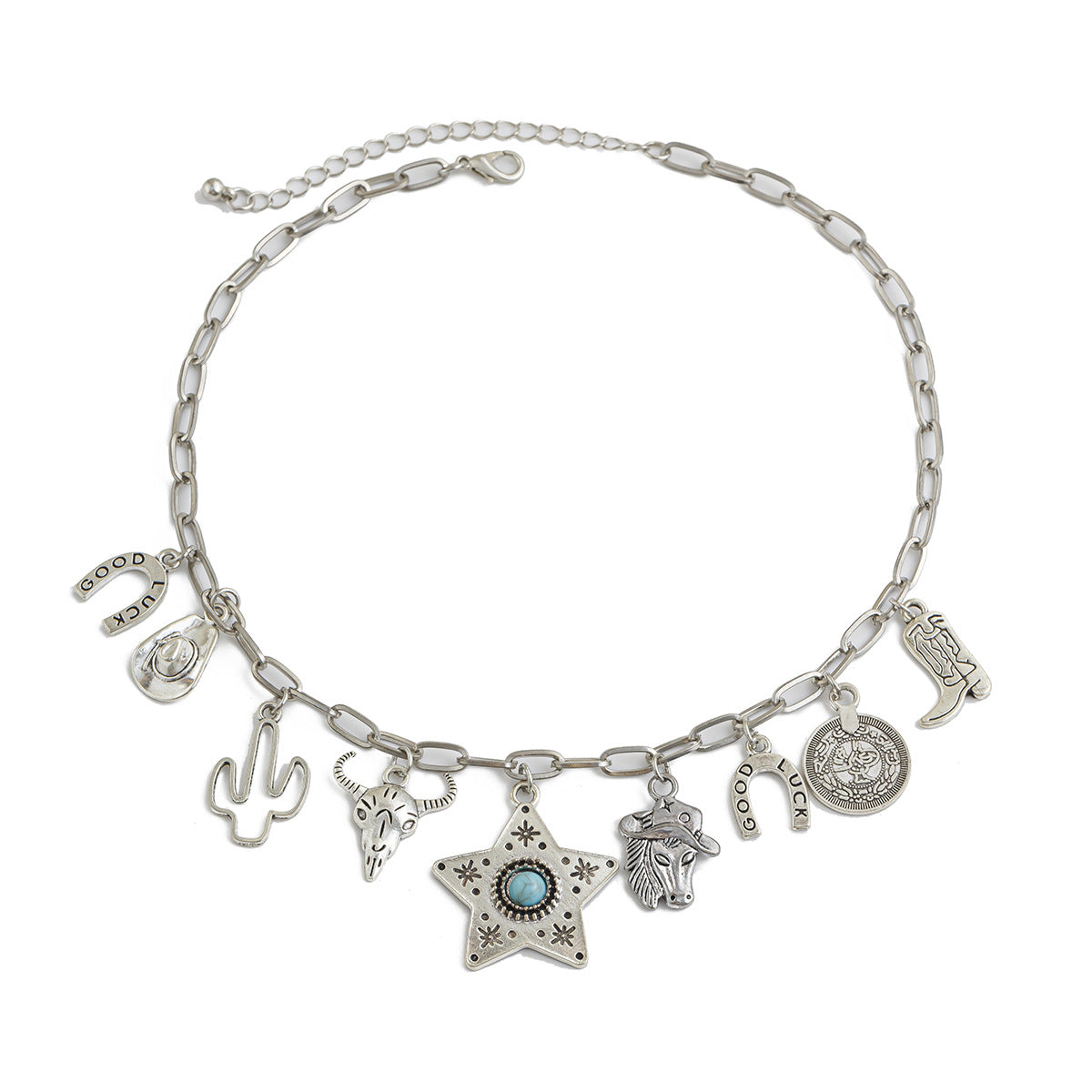 Wholesale Stacked Bull Head Western Style Short Clavicle Chain Maillard Retro Ethnic Imitation Turquoise Necklace