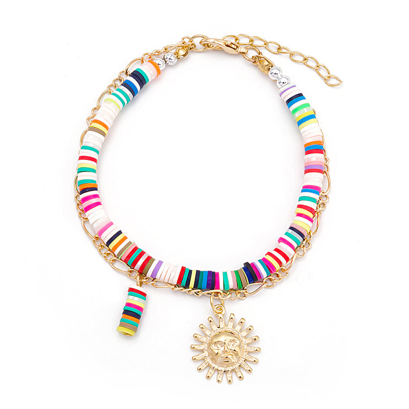 Wholesale Beach Bohemian Color Soft Pottery Multi-Layer Bracelet Coin Sun Palm Eye Bracelet Bracelet