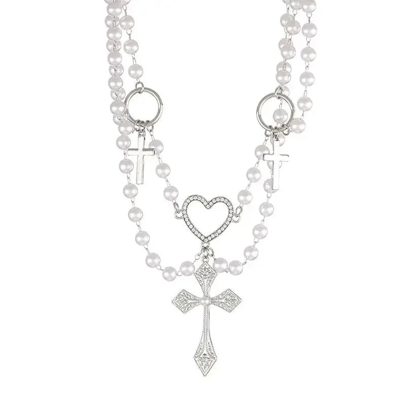 Wholesale Pearl and diamond heart cross retro hip-hop necklace