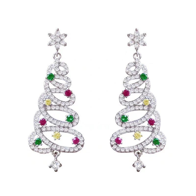 Wholesale New Colorful Diamond-encrusted Christmas Tree Trendy Personality Silver Pin Stud Earrings