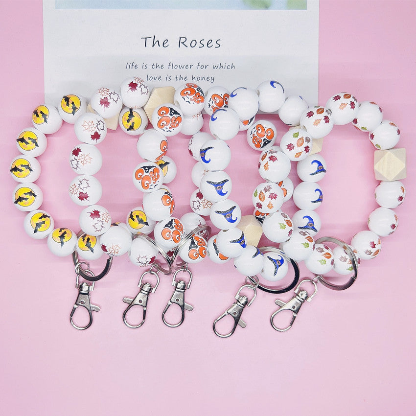 Wholesale Halloween Wooden Bead Bracelet Keychain