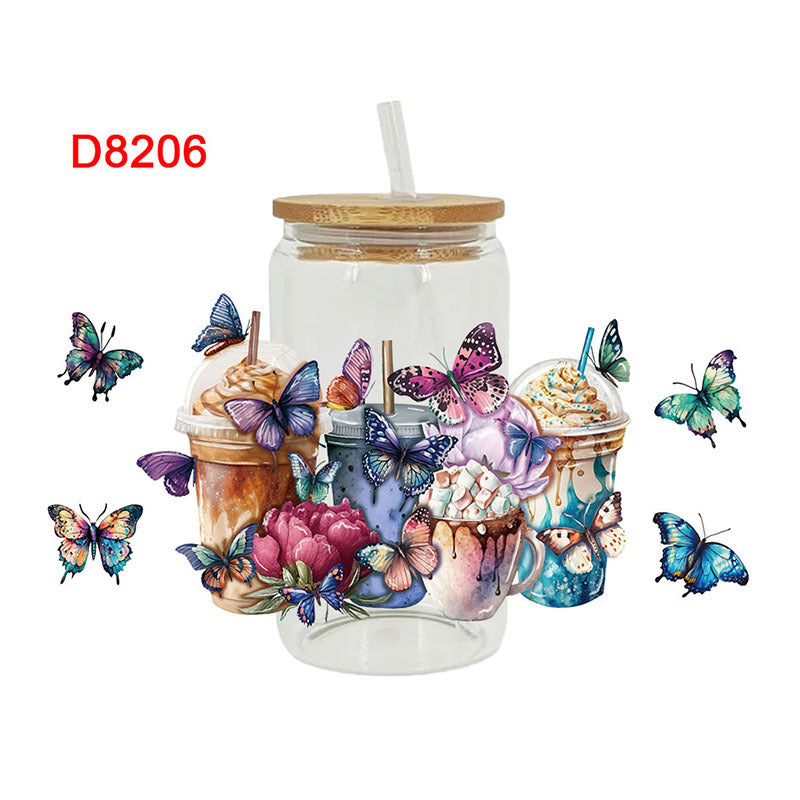 Wholesale Colorful Cartoon Butterfly Rose 16oz Cup UV DTF Wraps