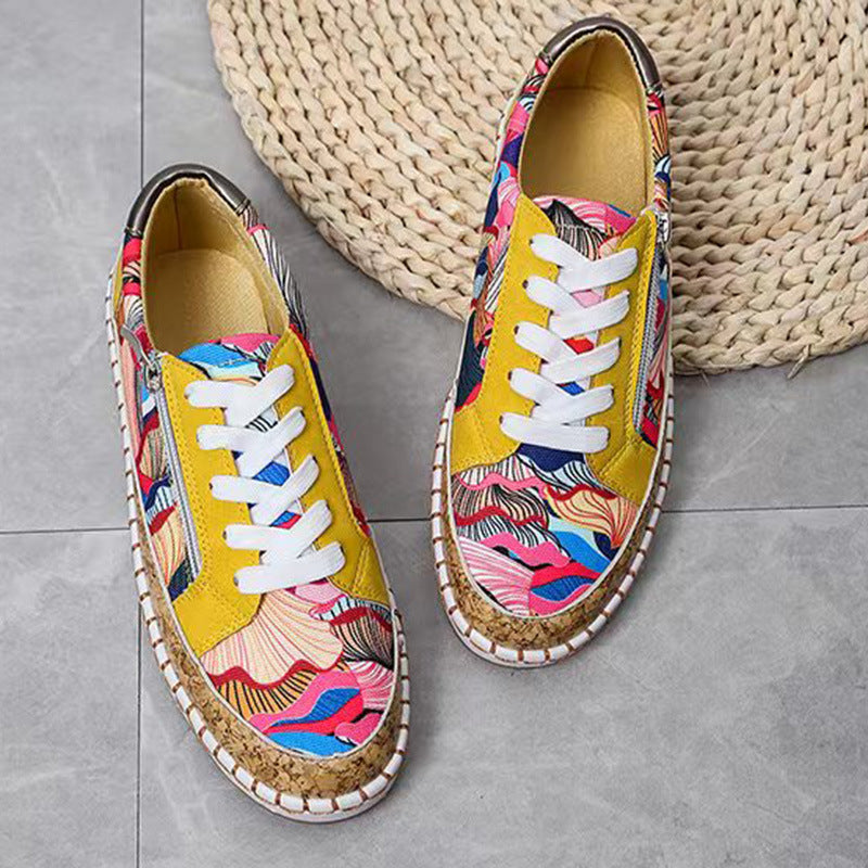 Wholesale New Ethnic Style Color Matching Printing Thick Bottom Sports Style Low Top PU Shoes