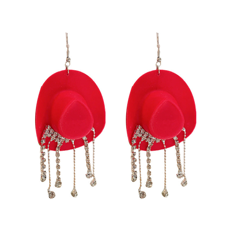 Wholesale Cowboy Hat Teardrop Diamond Tassel Earrings