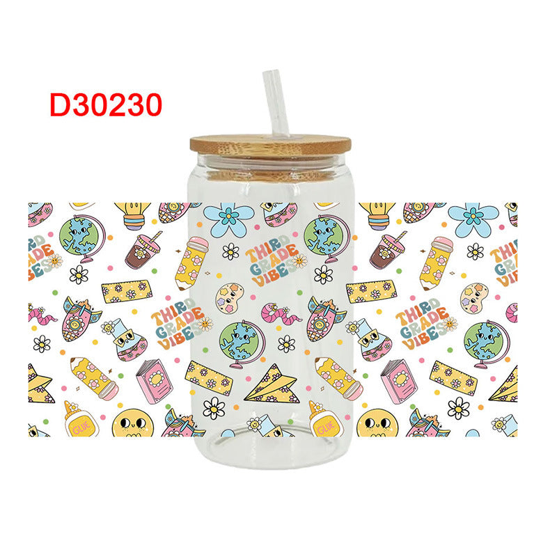 Wholesale Colorful Teacher's Day Stationery School Bus Series 16oz Cup UV DTF Wraps