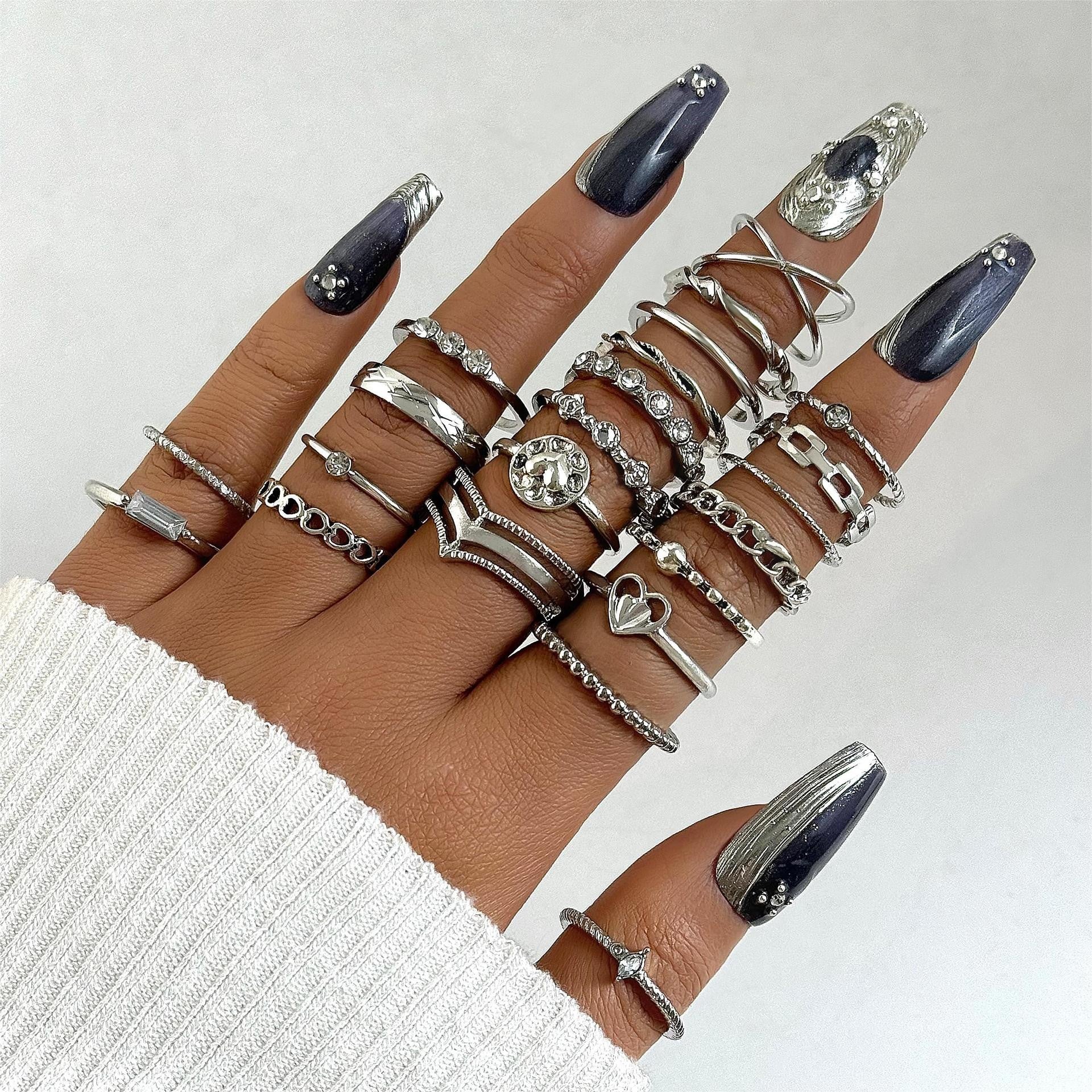 Wholesale Retro Butterfly Flower Moon Ring Punk Snake Stacking Joint Ring Set