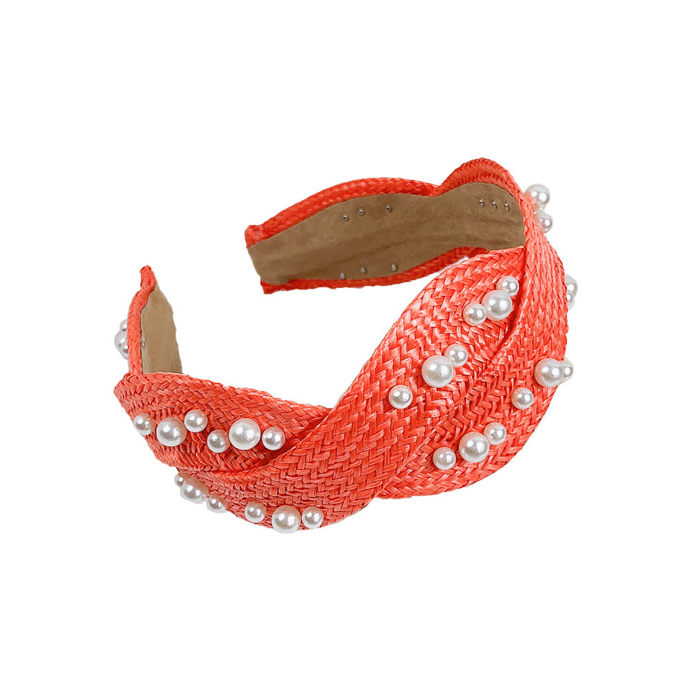 Wholesale 2023 Raffia Braided Pearl Cross Headband